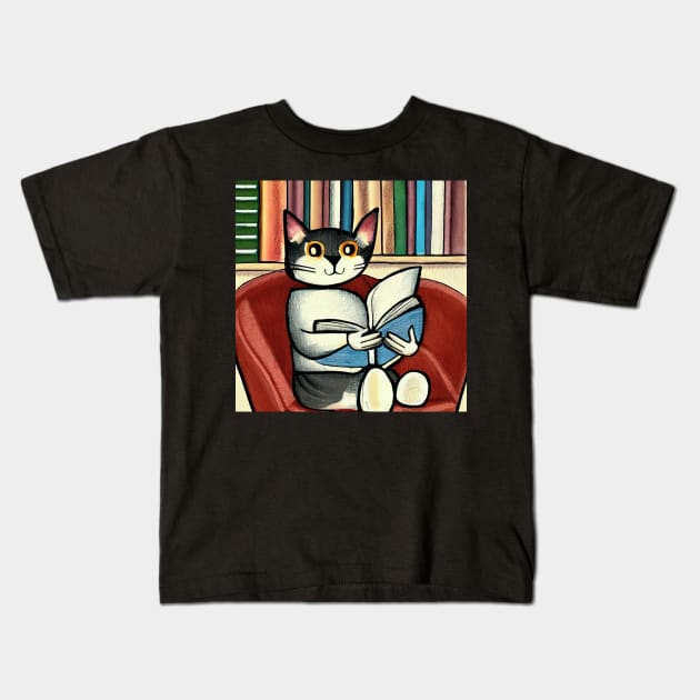 Grey Cat Reading In The Library Illustration Kids T-Shirt by SubtleSplit